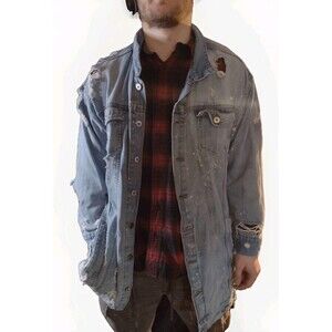Long Shredded Denim Jacket Factory Distressed Holes Bleach Streetwear Unisex X